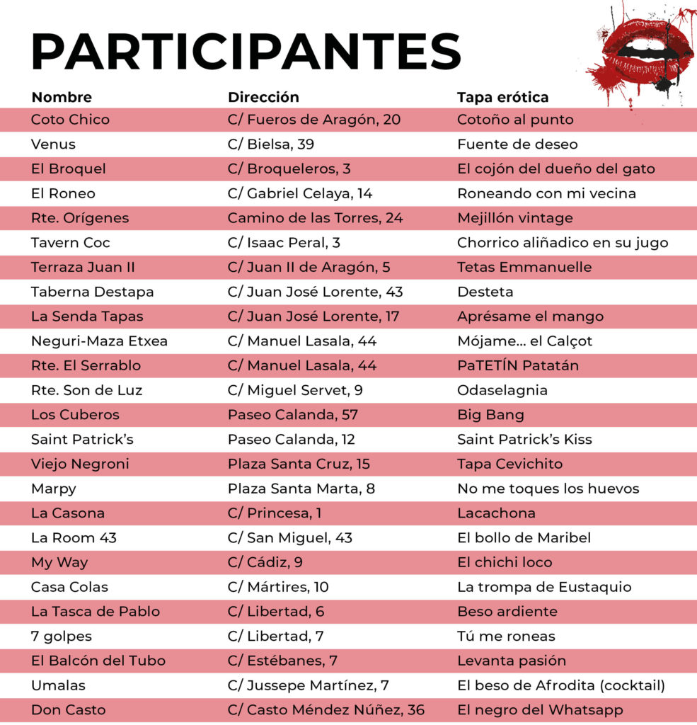 Bares participantes de La Ruta del Tapeo Erótico de Zaragoza - prueba unas tapas picantes y subidas de tono y pasa una tarde diferente