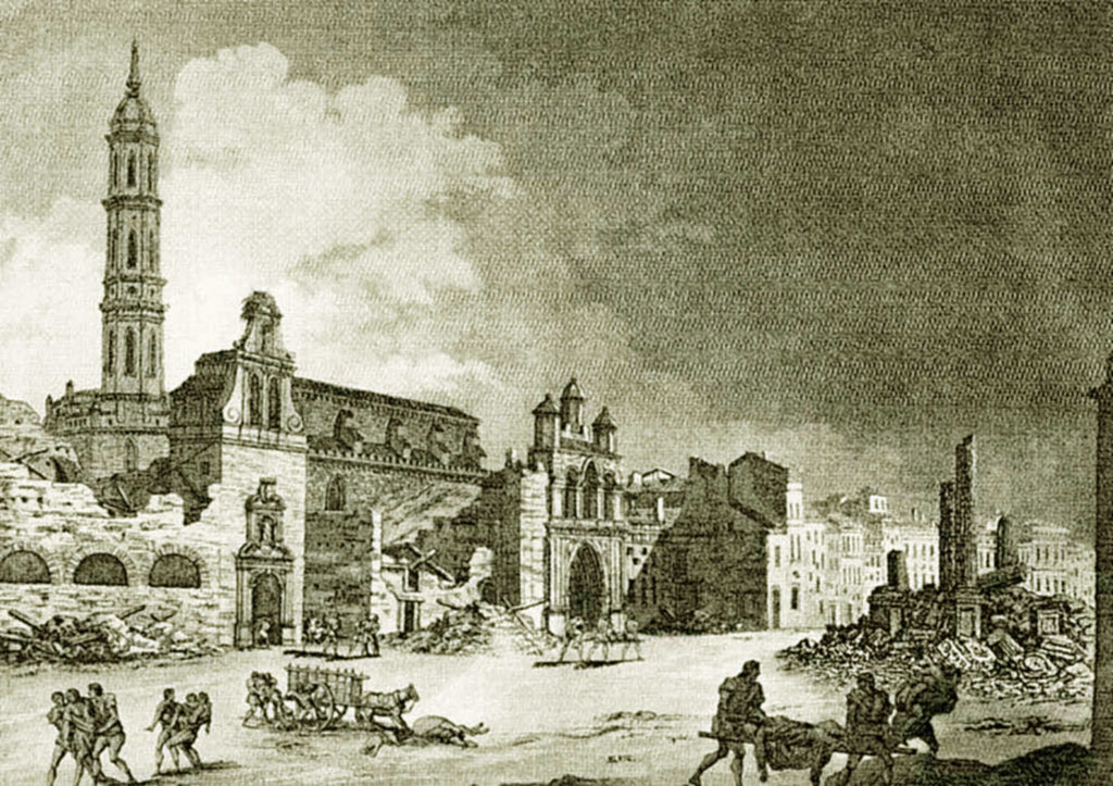 Grabado de la vista de la calle del Coso desde la actual calle Don Jaime I, con tres torretas se ve la iglesia dle convento de San Francisco, con la torre alta también