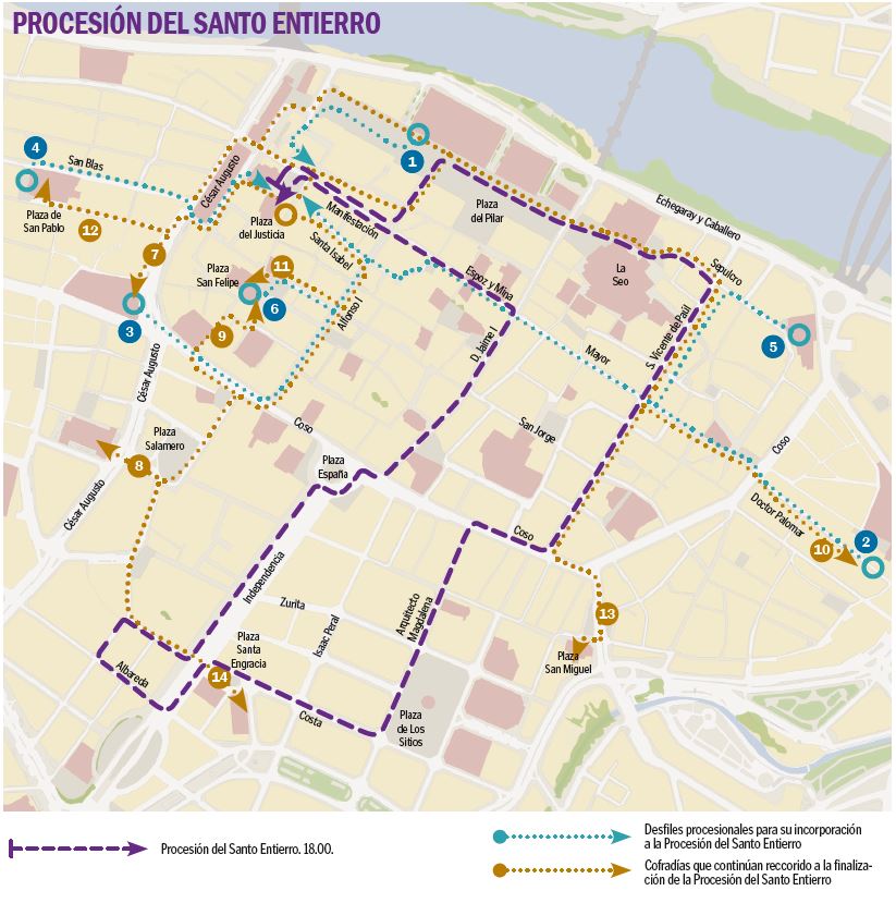 Programa de Semana Santa en Zaragoza 2019 - Recorrido Procesión del Santo Entierro del Viernes Santo 19 de abril de 2019 en Zaragoza