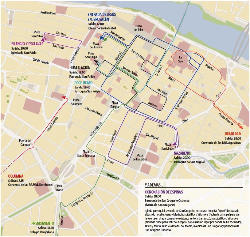Programa de Semana Santa en Zaragoza 2019 - Recorridos procesiones y vía crucis Domingo de Ramos 14 de abril de 2019 en Zaragoza
