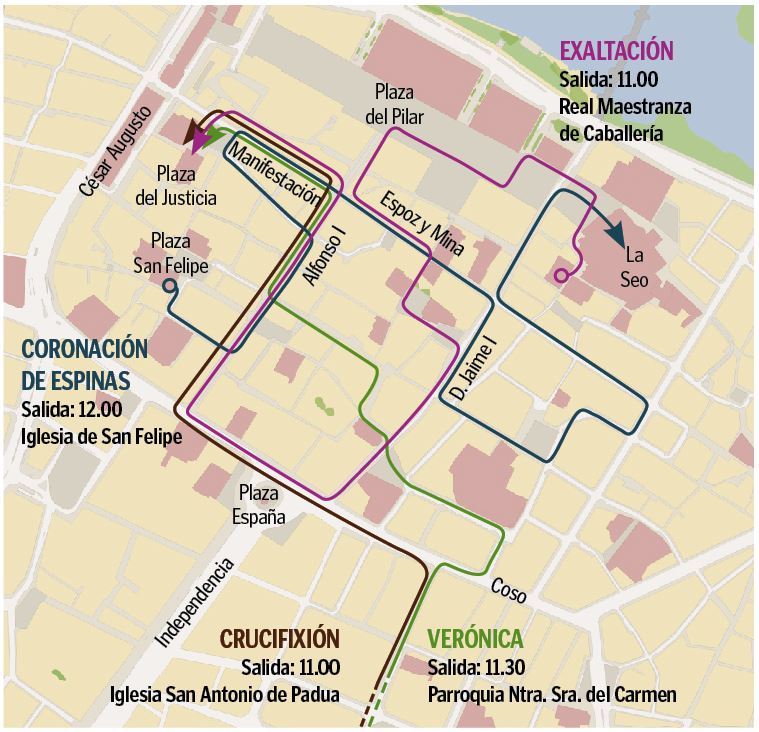 Programa de Semana Santa en Zaragoza 2019 - Recorridos procesiones y vía crucis Jueves Santo mañana 18 de abril de 2019 en Zaragoza