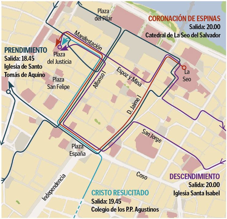 Programa de Semana Santa en Zaragoza 2019 - Recorridos procesiones y vía crucis Jueves Santo media tarde 18 de abril de 2019 en Zaragoza
