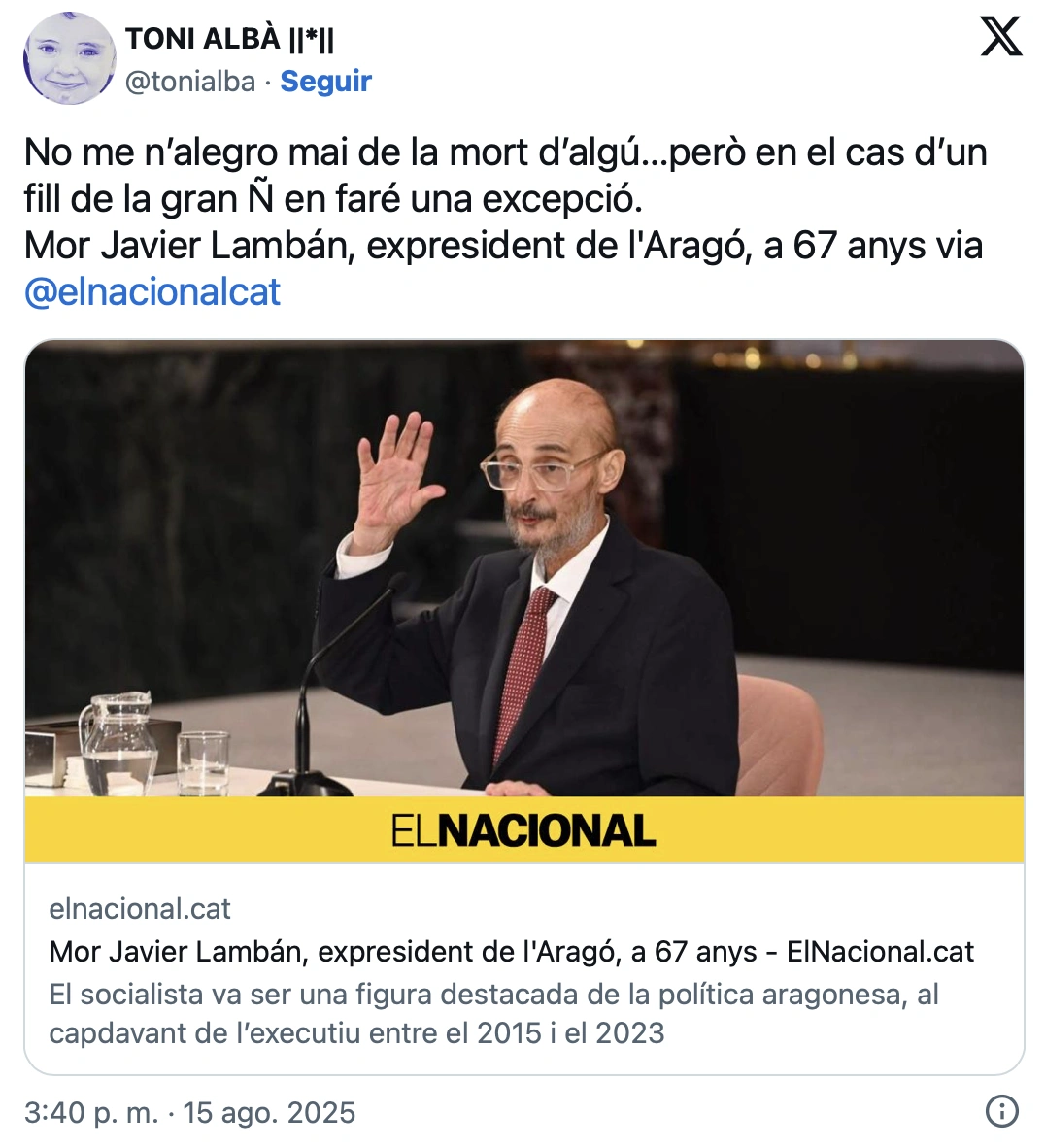 Entrevista al cómico y teórico Quique Macías sobre el tweet de Toni Albá: “Sólo diría eso una persona de mierda. Ni siquiera en Cataluña habría hecho gracia” 1 Imagen subida a Zaragoza Ciudad - Captura de pantalla 2025 08 28 a las 11.11.53